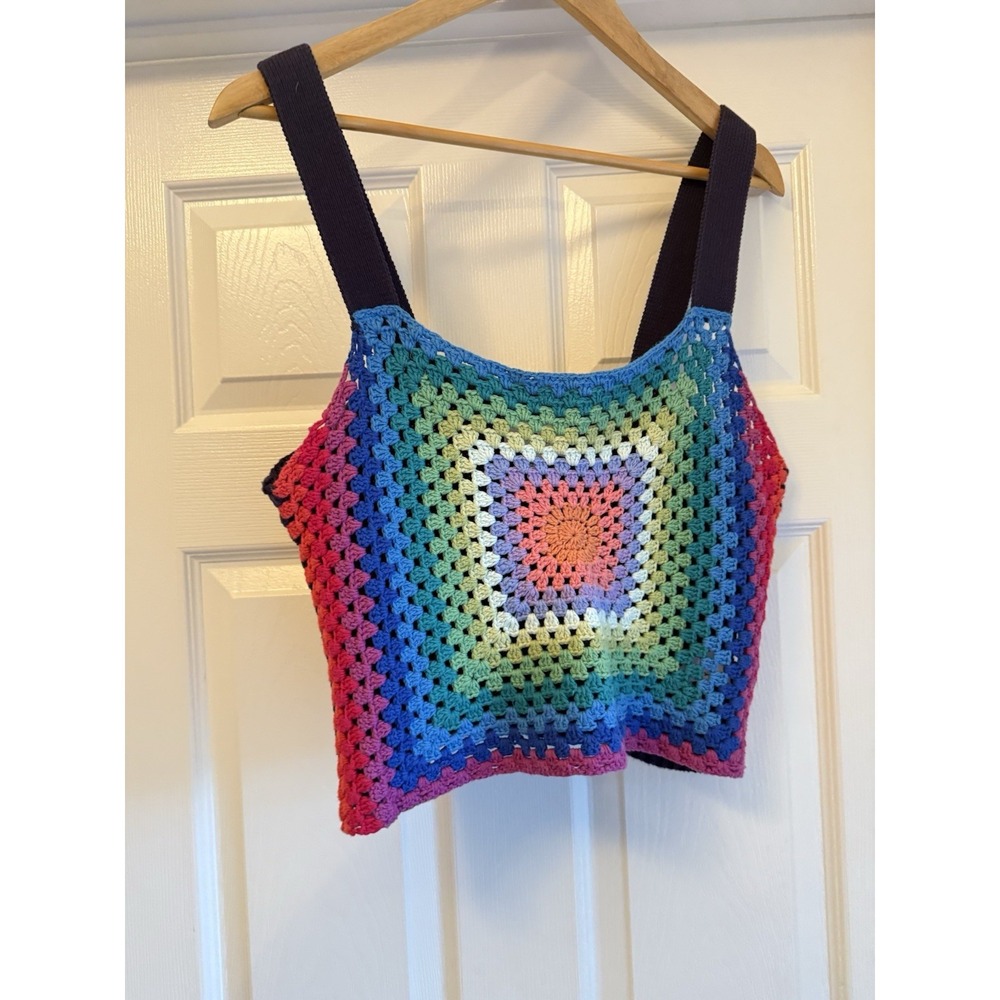 Pistola Crochet Granny Square Tank Top Womens Small Multicolor Ribbed Knit P2052